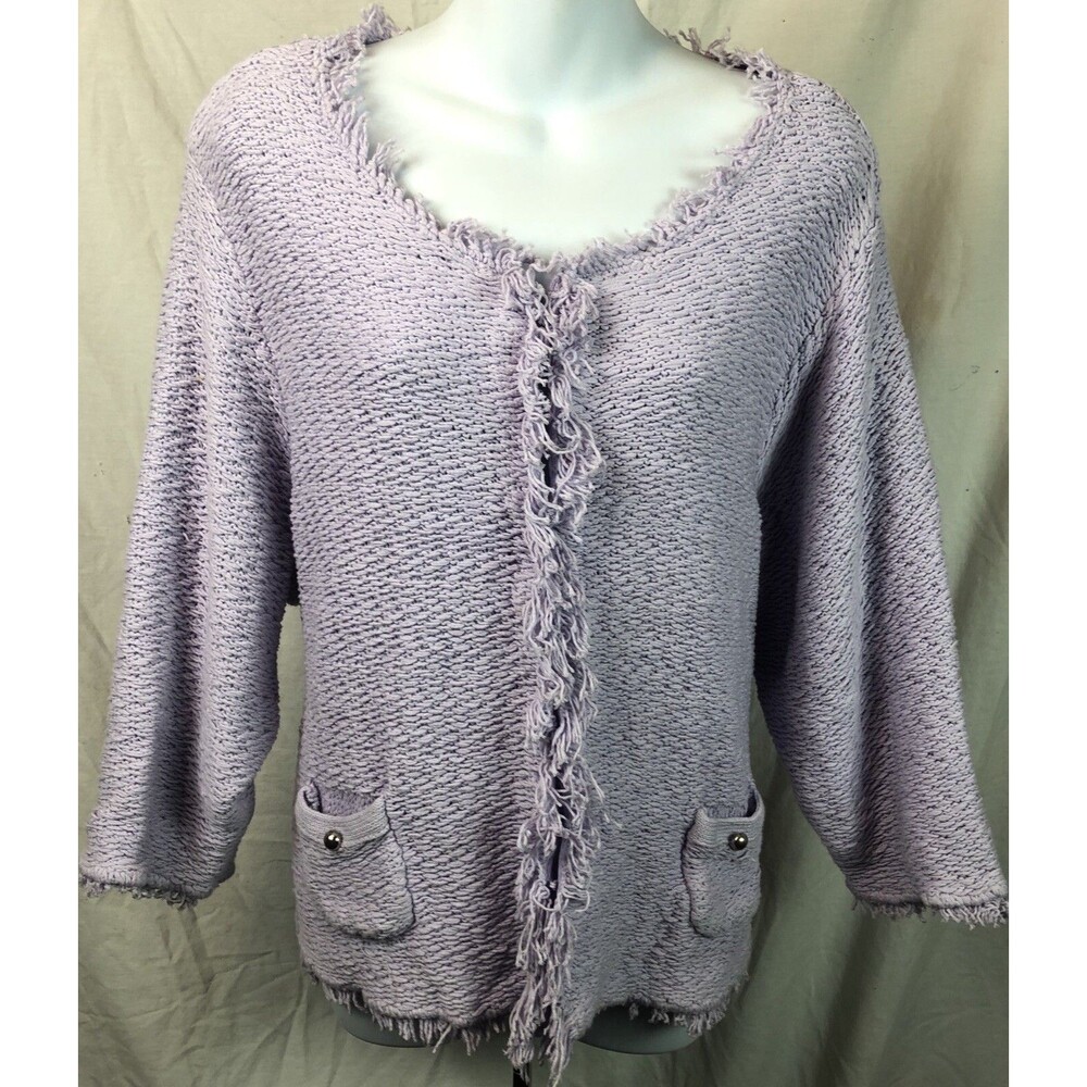 Roz & Ali Chunky Crochet Sweater 3X purple 3/4 sleeve Fringe Cottage Coquette